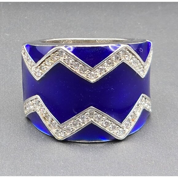 Sterling Silver 925 Wide Band Ring Size 6 Blue Enamel & Zigzag Diamond Accents - Picture 1 of 9